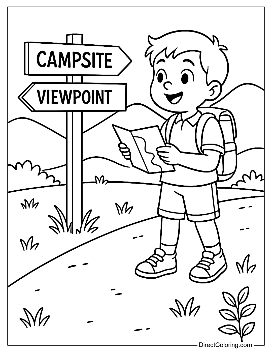 Coloring page of a child standing in front of a sign 